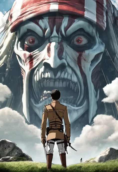 "Create a movie poster inspired by Hajime Isayamas Attack on Titan. Show Levi Ackerman wearing a Paradis Island uniform and ODM gear, gazing upwards at a Colossal Titan."