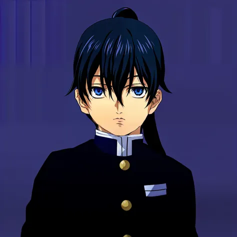 anime boy in uniform with black hair and blue eyes, inspired by Okumura Masanobu, inspired by Okumura Togyu, hijikata toushirou, okata kazuto, inspired by Munakata Shikō, as an anime character, anime moe artstyle, young anime man, yukio - e, mai yoneyama