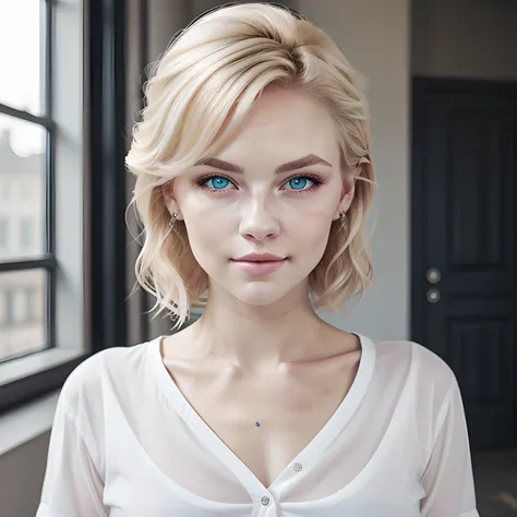 Blonde woman in a white shirt, A, Portrait soft shot, HDR, UHD, 64K, Russian bride, A girl with blonde hair, blue eyes She has a cute face, Perfect face, cinematic lighting, professional photography