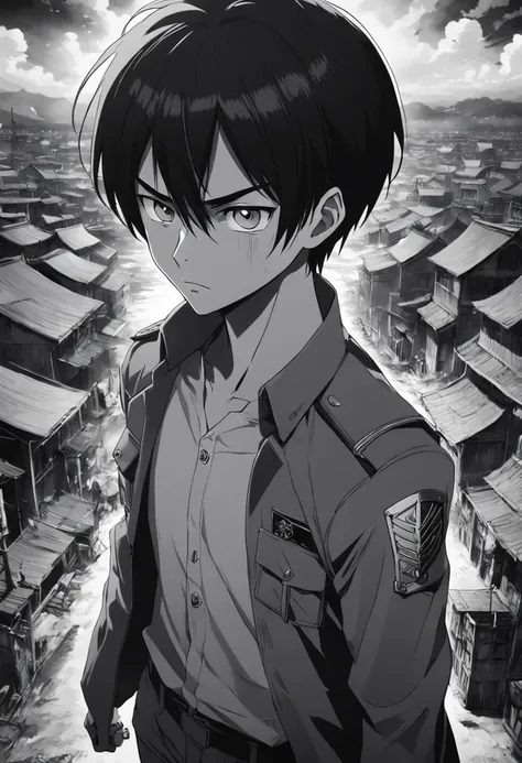 Generate a moody and emotionally black and white movie poster in the style of Hajime Isayamas Attack on Titan. The poster should prominently feature Eren Jaeger, wearing a Paradis Island uniform and ODM gear, looking towards a city that was just obliterate...