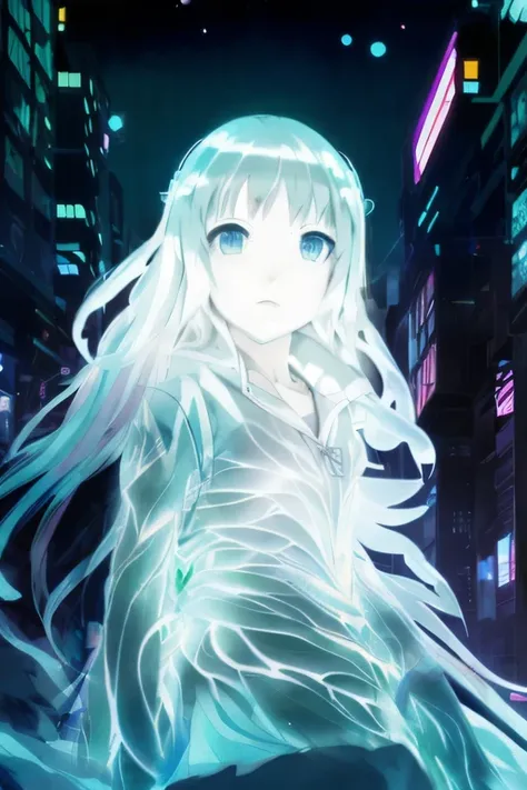 Anime girl in white dress standing in the city at night, Digital cyberpunk anime art, digital cyberpunk anime!!, digitl cyberpunk - anime art, anime cyberpunk art, Anime cyberpunk moderno, ethereal anime, cyberpunk anime girl, anime cyberpunk, style of ani...