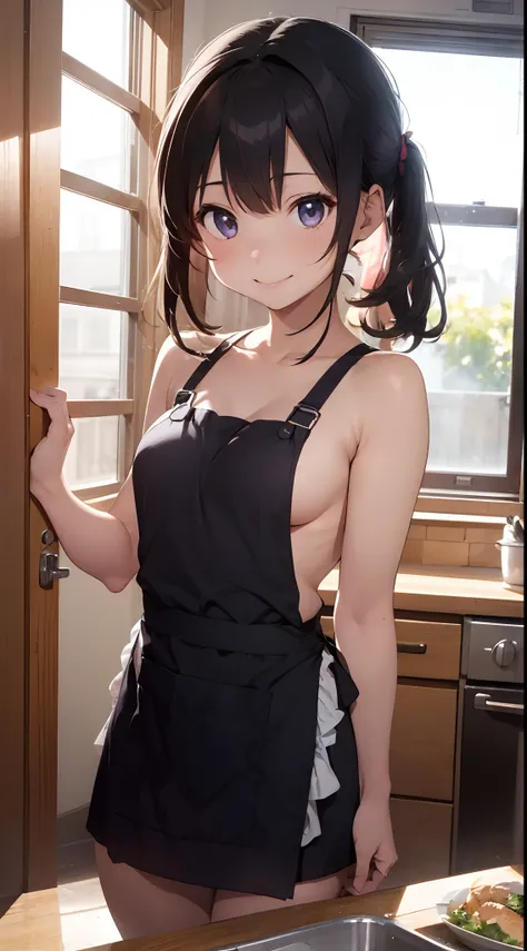 1girl in、toddlers, a smile、Cooking in your room、barechested、Wearing only an apron、（（small tits））、