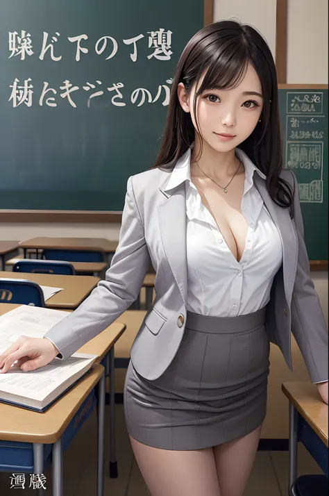 (​masterpiece)、(top-quality: 1.4)、absurderes、[:intricate-detail: 0.2]、1人の女性、SFW、JAV Cover、There is a woman in a suit holding a book in a classroom、in class room、teacher、as a strict school teacher 、japanese high school、chalk board、is standing、school class、