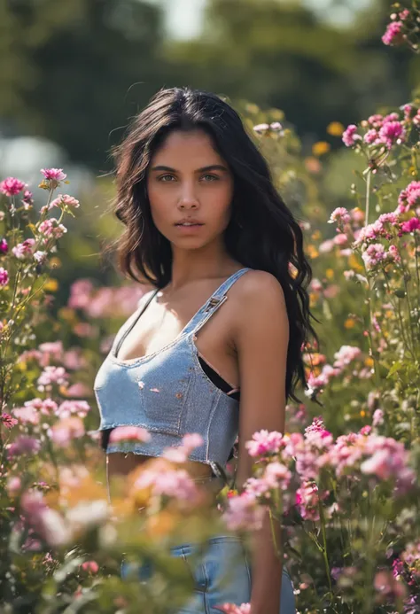 17-year-old girl with dark black eyes and black hair, en crop top on vois tout son corp dans un jardin avec des fleurs