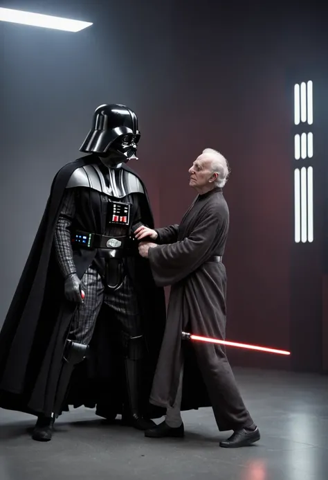 (Darth Vader fighting Palpatine in a spacious room) | (Cavaleiros Jedi adicionais na cena) | (Imagem realista, photographic style) | (4K分辨率)