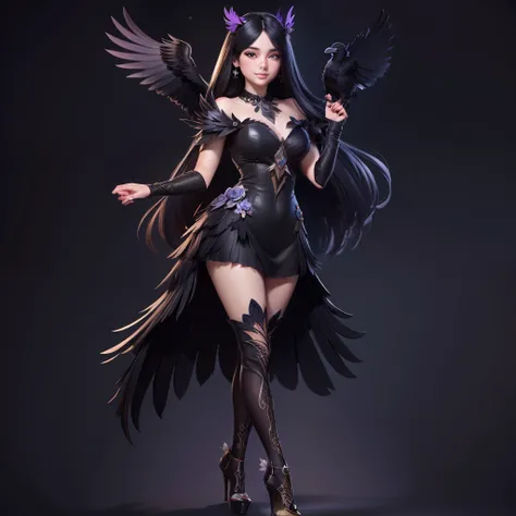 A beautiful girl, dressed like a raven, with raven wings, long hair, black Raven flowers around her, pretty face, full body pictures, high quality pictures, wearing a high heel, cute face, proper face, sparkling face, sparkling eyes, sparkling lips, with a...