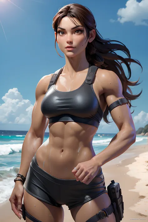 gorgeous athletic woman ("lara croft"), very sweat and wet skin, rollerblading with a tiny tight micro thin bikini on the beach ...