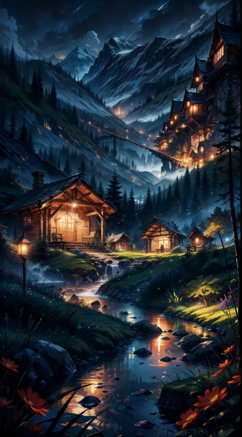 gorgeous, masterpiece, best quality, landscape, highres,4k, wallpaper, trace lights, mountains, intricate, detailed, BREAK mediaval, camp, florest, houses, magical, magic, no_humans, hut, flowers, busy, rpg, lord of the rings, cozy peace,peaceful, stunning...