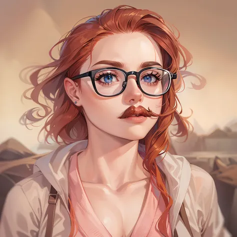 uma mulher ruiva de olhos castanhos, of glasses and black mustache