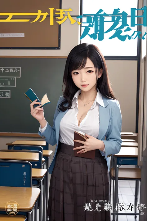 (​masterpiece)、(top-quality: 1.4)、absurderes、[:intricate-detail: 0.2]、1人の女性、SFW、JAV Cover、There is a woman in a suit holding a book in a classroom、in class room、teacher、as a strict school teacher 、japanese high school、is standing、school class、