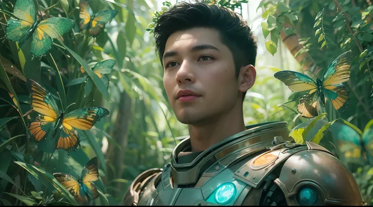 1boy, photo of very very handsome suave smiling young 25-year-old male Chinese prince, clothed in futuristic cybernetic armor, wearing a large futuristic crown, walking in a lush flower garden with many neon glowing butterflies, sci-fi, intricate, neon lig...