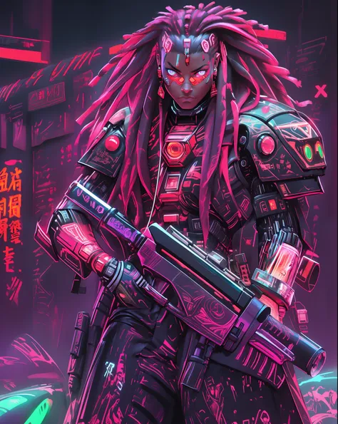 hyper realistic, epic, african american man cyborg soldier with dual samurai sword, red long dreadlocks, glowing neon x eyes, wi...