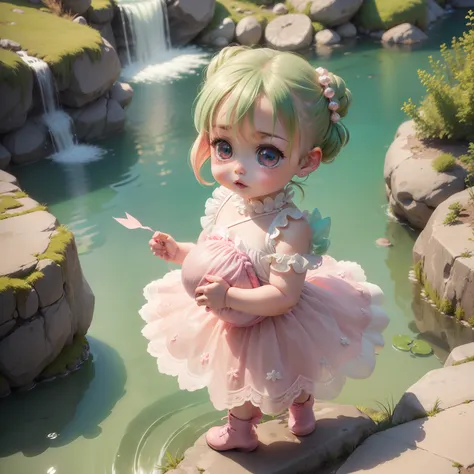 (Cute Baby Chibi Anime:1.3),(Pearl green chignon hair:1.2),Full Lace Pale Pink See-Through Tight Dress,Vivid Pink Small Bag,Pink braided boots, The Plitvice Lakes