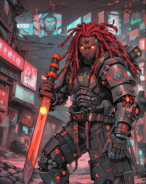 RAGE UNLEASHED, ANGRY, african american man cyborg soldier with dual samurai sword, red long dreadlocks, glowing neon X eyes, with shot gun on the side, heavy mecha armor, cybernetic, cyberpunk, colourful japanese stickers on armor, on planet venus, wastel...