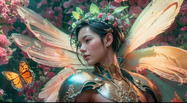 1boy, photo of very very handsome suave smiling young 25-year-old male Chinese prince, clothed in futuristic cybernetic armor, wearing a large futuristic crown, walking in a lush flower garden with many neon glowing butterflies, sci-fi, intricate, neon lig...