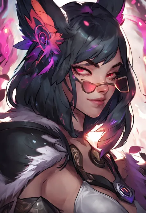 a close up of a girl in fur with black short hair, cat ears, vastaya, peacock feathers in her hair healer alchemist, spiritual, cat ears , league of legends splash art, league of legends splashart, league of legends art, league of legends concept art, spla...