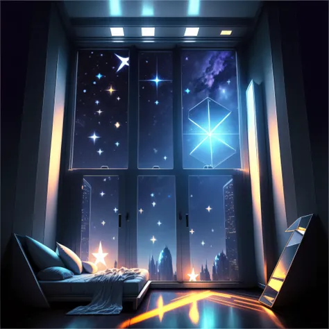 Cold Light Source Technology Cyberpunk Mechanical Minimalism Deconstructivism Bedroom Background Image Floor-to-ceiling windows Bright fluorescent Starry Sky Armor Artificial Intelligence Starry Sky Cold Light Source Only one bed