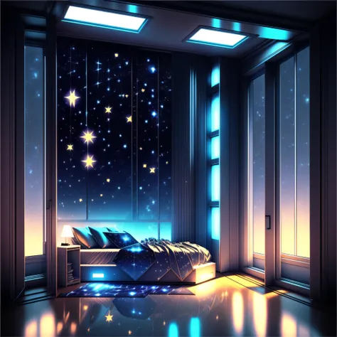 Cold Light Source Technology Cyberpunk Mechanical Minimalism Deconstructivism Bedroom Background Image Floor-to-ceiling windows Bright fluorescent Starry Sky Armor Artificial Intelligence Starry Sky Cold Light Source Only one bed