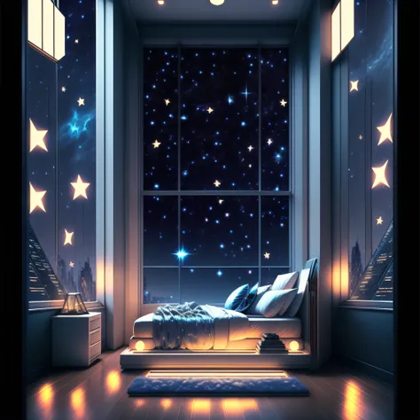 Cold Light Source Technology Cyberpunk Mechanical Minimalism Deconstructivism Bedroom Background Image Floor-to-ceiling windows Bright fluorescent Starry Sky Armor Artificial Intelligence Starry Sky Cold Light Source Only one bed