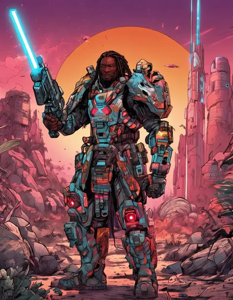 RAGE UNLEASHED, ANGRY, african american man cyborg soldier with dual samurai sword, red long dreadlocks, glowing neon X eyes, with shot gun on the side, heavy mecha armor, cybernetic, cyberpunk, colourful japanese stickers on armor, on planet venus, wastel...