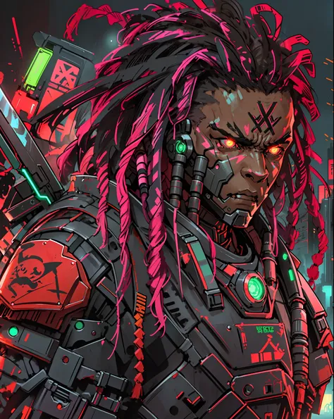 RAGE UNLEASHED, ANGRY, african american man cyborg soldier with dual samurai sword, red long dreadlocks, glowing neon X eyes, with shot gun on the side, heavy mecha armor, cybernetic, cyberpunk, colourful japanese stickers on armor, on planet venus, wastel...