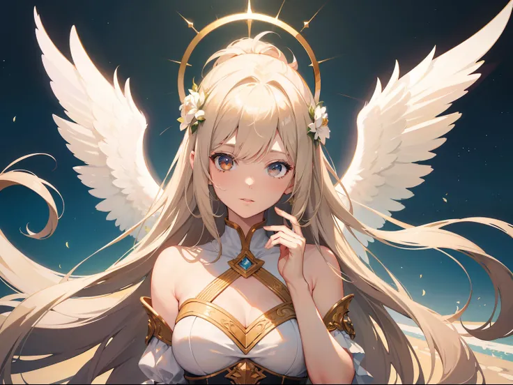 Official Art, Masterpiece European female, angel, white wings, pale brown hair , brown eyes, (​masterpiece、top-quality、hight resolution: 1.4),in 8K, Anime Art Nouveau, highly detailed exquisite fanart, anime fantasy illustration, clean detailed anime art, ...