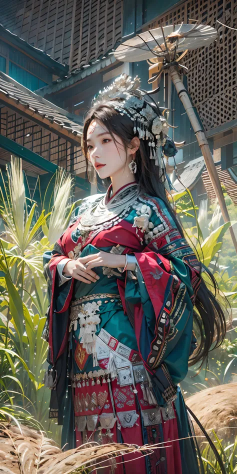 photorealistic, high resolution, soft light,1women, solo, hips up, shining skin, (detailed face), plateau,blue sky,rice fields,extreme detailed,torogao, hmong clothes, crown