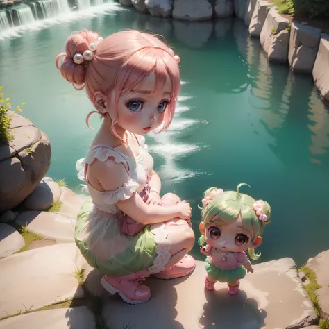 (Cute Baby Chibi Anime:1.3),(Pearl green chignon hair:1.2),Full Lace Pale Pink See-Through Tight Skirt,Dark pink bag,Pink braided boots, The Plitvice Lakes