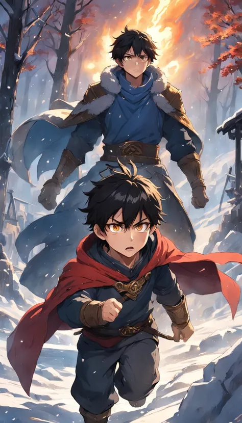 Epic scene where, in the middle of a destroyed and cold village, covered in dense snow, the young boy protagonist with dark hair and shining golden eyes, injured by the confrontation, awakens the power of fire