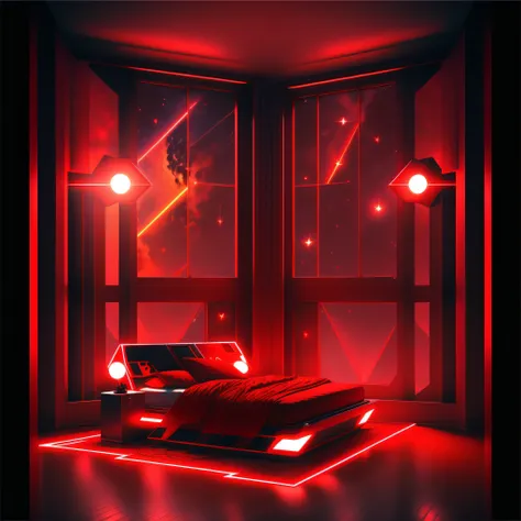 Warm Light Source Technology Cyberpunk Mechanical Minimalism Deconstructivism Bedroom Background Image Floor-to-ceiling windows Bright fluorescent Starry Sky Armor Artificial Intelligence Starry Sky Cold Light Source Only One Bed Red Red Element