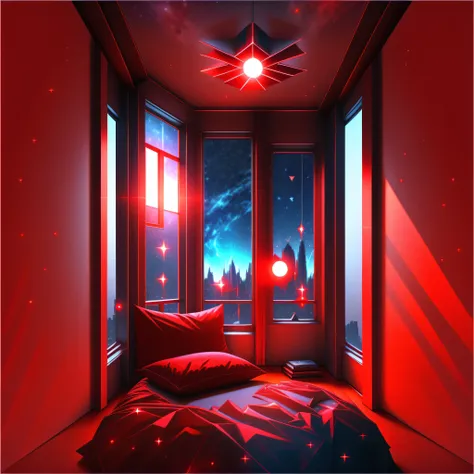 Warm Light Source Technology Cyberpunk Mechanical Minimalism Deconstructivism Bedroom Background Image Floor-to-ceiling windows Bright fluorescent Starry Sky Armor Artificial Intelligence Starry Sky Cold Light Source Only One Bed Red Red Element