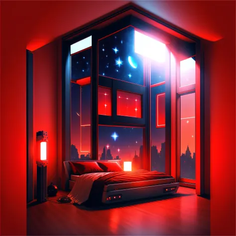 Warm Light Source Technology Cyberpunk Mechanical Minimalism Deconstructivism Bedroom Background Image Floor-to-ceiling windows Bright fluorescent Starry Sky Armor Artificial Intelligence Starry Sky Cold Light Source Only One Bed Red Red Element