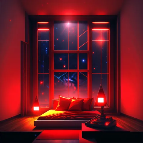 Warm Light Source Technology Cyberpunk Mechanical Minimalism Deconstructivism Bedroom Background Image Floor-to-ceiling windows Bright fluorescent Starry Sky Armor Artificial Intelligence Starry Sky Cold Light Source Only One Bed Red Red Element