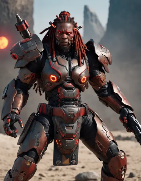 RAGE UNLEASHED, ANGRY, african american man cyborg soldier with dual samurai sword, red long dreadlocks, glowing neon X eyes, with shot gun on the side, heavy mecha armor, cybernetic, cyberpunk, colourful japanese stickers on armor, on planet venus, wastel...