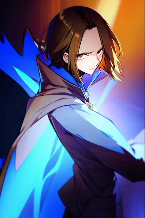 Anime boy wearing beige jacket hair split in half in dark brown tone with an aura of blue magic around him in a dark environment posing for a high-resolution cinematic photo