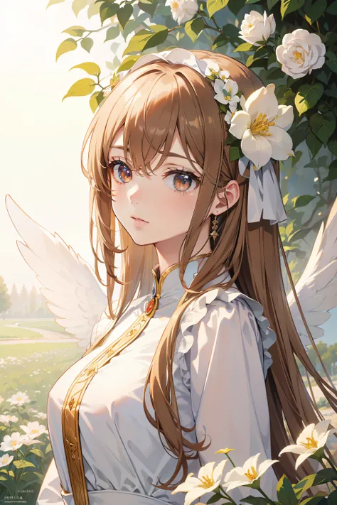 Official Art, Masterpiece European female, angel, white wings, pale brown hair , brown eyes, (​masterpiece、top-quality、hight resolution: 1.4),in 8K, Anime Art Nouveau, highly detailed exquisite fanart, anime fantasy illustration, clean detailed anime art, ...