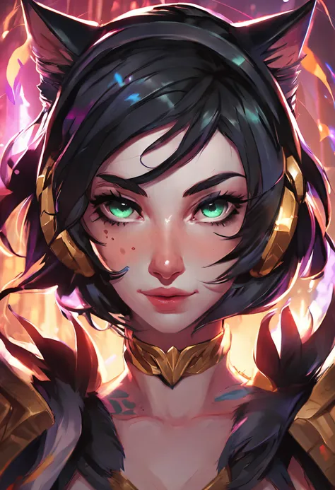 a close up of a girl in fur with black short hair, cat ears, vastaya, peacock feathers in her hair healer alchemist, spiritual, cat ears , league of legends splash art, league of legends splashart, league of legends art, league of legends concept art, spla...