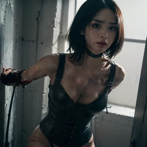 (in a prison cell), ((arm behind back)), ((Top Quality, 8k, A Masterpiece、: 1 girl, , slim abs: , wet body, highly detailed face and skin texture Detailed Eyes, SM,slave,，,，Rubber, Black Corset,Bondage, Whip, big breasts, tired, ruined make-up, angry, sad,...