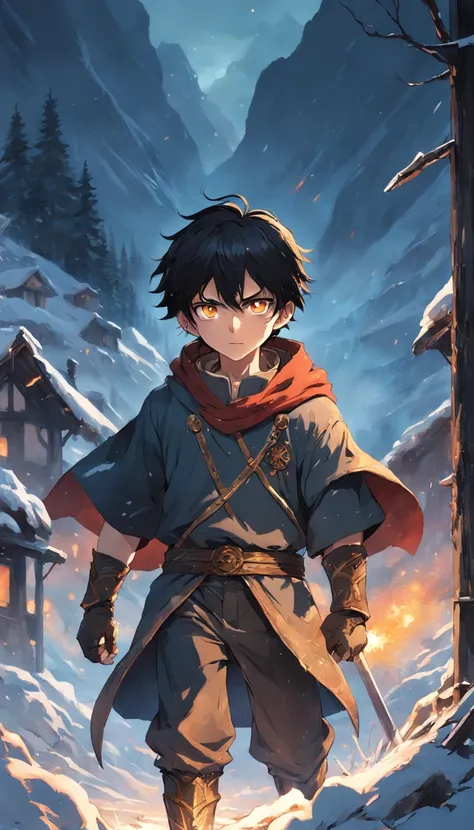 Epic scene where, in the middle of a destroyed and cold village, covered in dense snow, the young boy protagonist with dark hair and shining golden eyes, injured by the confrontation, awakens the power of fire