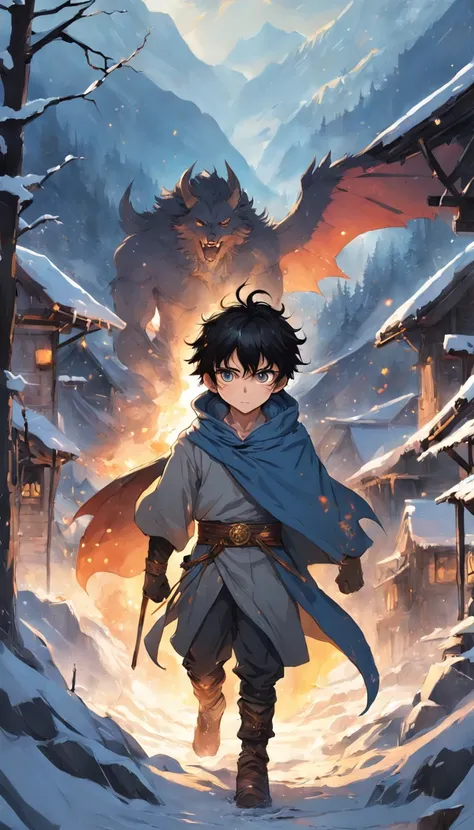 Epic scene where, in the middle of a destroyed and cold village, covered in dense snow, the young boy protagonist with dark hair and shining golden eyes, injured by the confrontation, awakens the power of fire