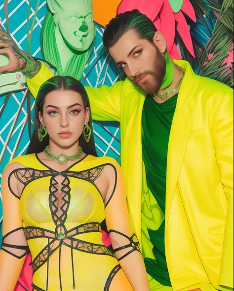 uma mulher em um vestido verde neon e um homem em uma jaqueta amarela, Charli Bowater e Artgeem, Editorial Oficial da Versace, neon vibes, Directed by: Galen Dara, 🤬 🤮 💕 🎀, inspirado em Elsa Bleda, Marcos Ariano, imagem de perfil, Jen Bartel, Raphael Perso...