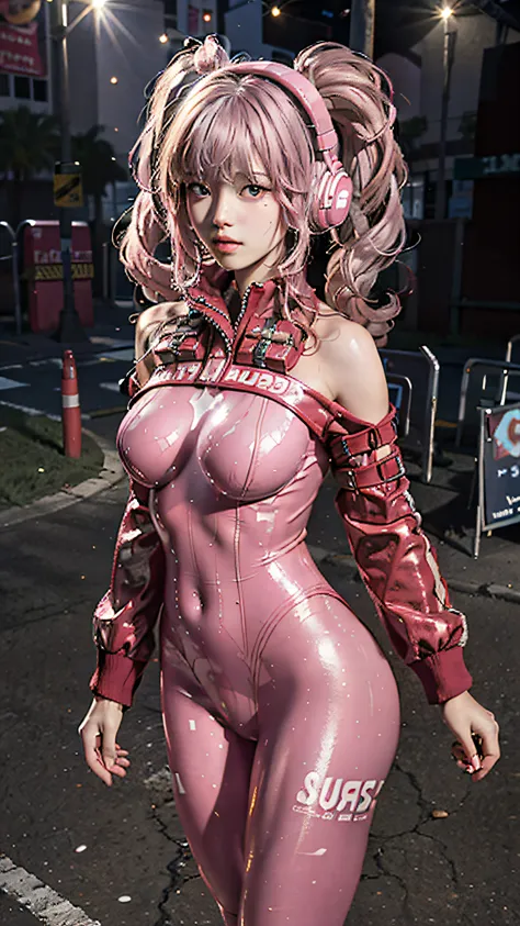 Best Quality, Masterpiece, Ultra High Resolution, (Realisticity: 1.9), Original Photo, 1Girl, Bare Shoulder, Close Up, Asian, Outdoor, Playground, Movie Lighting , bangs, bodysuit, breasts, covered navel, cropped jacket, gloves, headphones, impossible body...