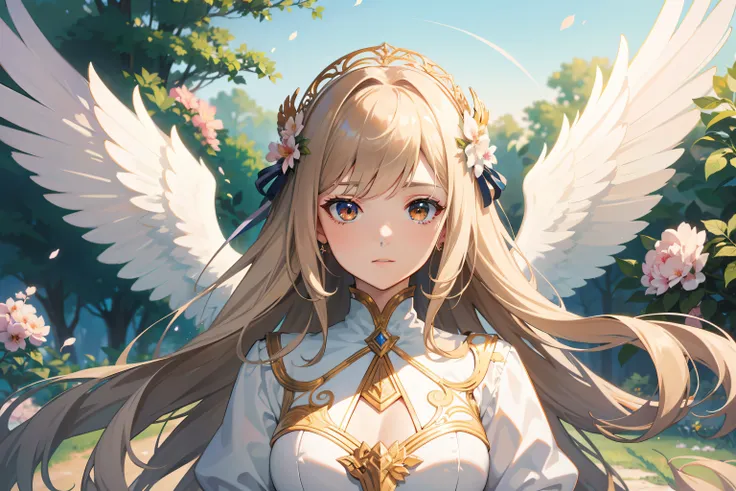 Official Art, Masterpiece European female, angel, white wings, pale brown hair , brown eyes, (​masterpiece、top-quality、hight resolution: 1.4),in 8K, Anime Art Nouveau, highly detailed exquisite fanart, anime fantasy illustration, clean detailed anime art, ...