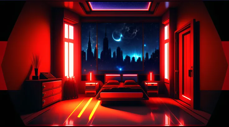 Warm Light Source Technology Cyberpunk Mechanical Minimalism Deconstructivism Bedroom Background Picture Floor-to-ceiling windows Bright fluorescent Starry Sky Armor Artificial Intelligence Starry Sky Cold Light Source Only One Bed One Red Light Source Fox...