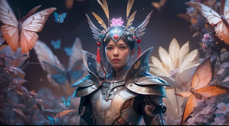 1boy, photo of very very handsome suave smiling young 25-year-old male Chinese prince, clothed in futuristic cybernetic armor, wearing a large futuristic crown, walking in a lush flower garden with many neon glowing butterflies, sci-fi, intricate, neon lig...