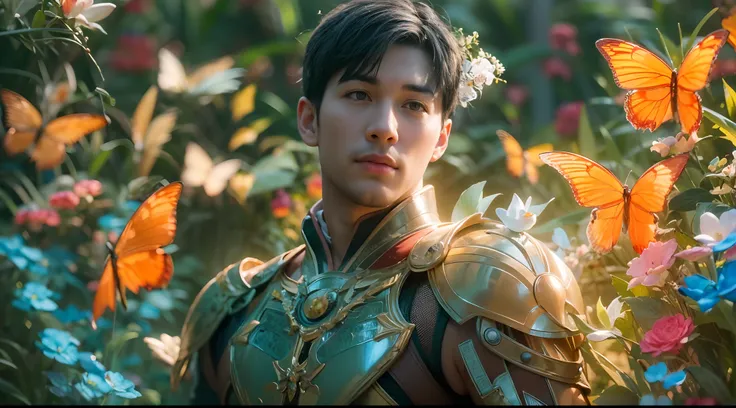 1boy, photo of very very handsome suave smiling young 25-year-old male Chinese prince, clothed in futuristic cybernetic armor, wearing a large futuristic crown, walking in a lush flower garden with many neon glowing butterflies, sci-fi, intricate, neon lig...