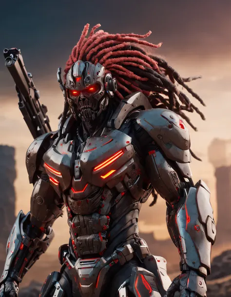 REALISTIC ANIME STYLE, JAPANESE ANIME, REAL ANIME, RAGE UNLEASHED, ANGRY, african american man cyborg soldier with dual samurai sword, red long dreadlocks, glowing neon X eyes, with shot gun on the side, heavy mecha armor, cybernetic, cyberpunk, colourful ...