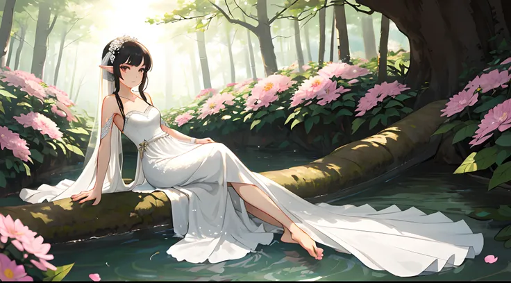 1girl, lamia, scutes, white wedding gown, full bodyesbian, Bareleged，The barefoot，Original Character, volumettic light, best shadow, shallowdepthoffield, Stunning beautiful girl, petite, Delicate, beautiful and charming face，ln the forest，Eau，Treading bare...