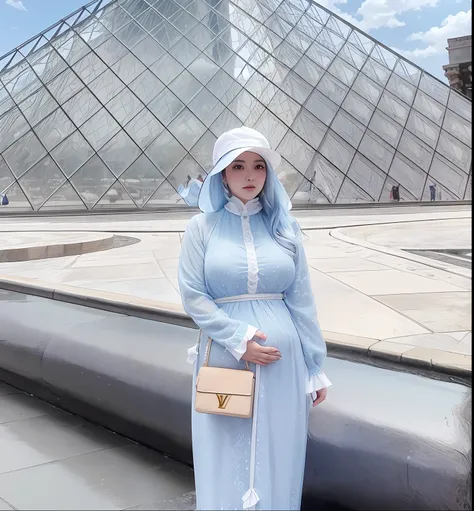 pregnant woman wearing a blue dress and a white hat standing in front of a pyramid, dilraba dilmurat, in paris, wearing louis vuitton armor, fan bingbing, wonderful masterpiece, in a blue qipao, lv, with a figure in the background, wearing an ornate outfit...