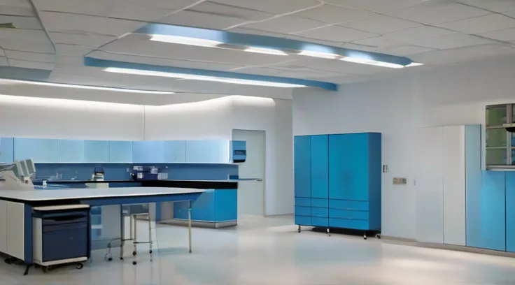 Modern clinical analysis laboratory with shades of blue, com equipamentos